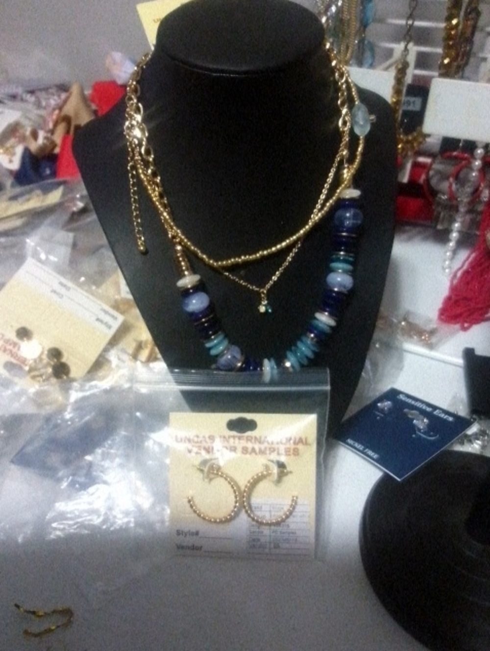 Gold Chain Layered Necklace with Blue Beaded Accent